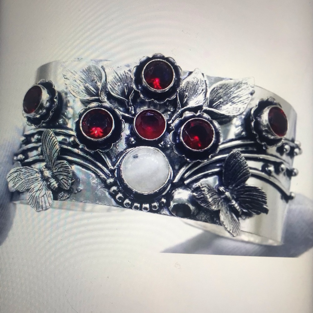 Garnet Moonstone Stamped Solid 925 Sterling Silver Cuff Bracelet